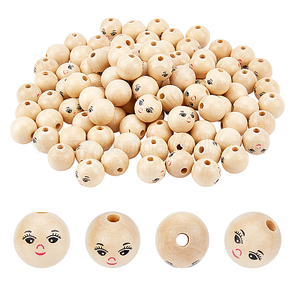SUPERFINDINGS 150Pcs 18mm Natural Smile Face Round Craft Loose Beads Decorative Jewelry Wood Bead Doll Head Spacer Beads for DIY Jewelry Bracelet Necklace Craft Making WOOD-FH0001-93-1
