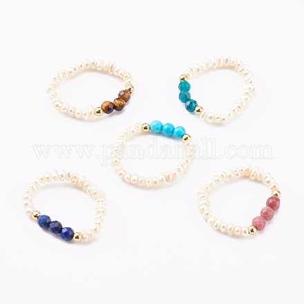 Anelli elastici con perline di perle naturali RJEW-JR00330-1