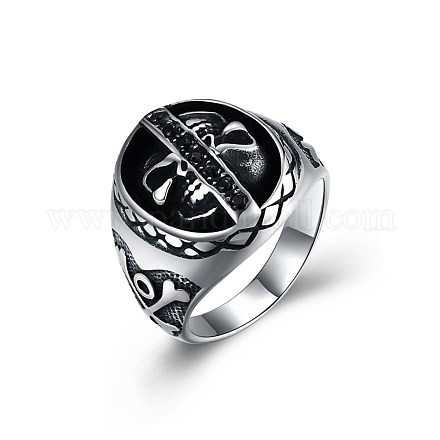 メンズステンレススチールフィンガー指輪  ワイドバンドリング  ラインストーン付き  スカル  アンティークシルバー  usサイズ9（18.9mm） RJEW-BB29879-9-1