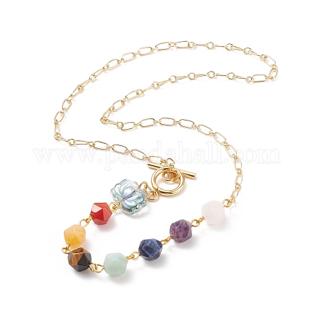 Halskette mit Perlenanhänger aus natürlichen gemischten Edelsteinen und Glaslotus NJEW-JN03888-1