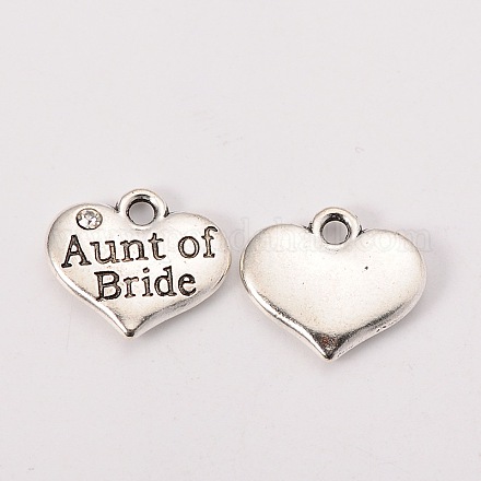 Wedding Theme Antique Silver Tone Tibetan Style Heart with Aunt of Bride Rhinestone Charms X-TIBEP-N005-09A-1