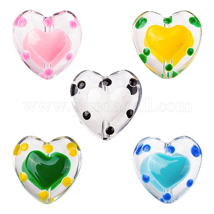 5Pcs 5 Colors Transparent Glass Heart Beads GLAA-YW0003-18-1