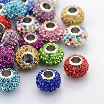 Large Hole Platinum Plated Brass Pave Polymer Clay Grade A Rhinestone European Beads CPDL-O003-M-1