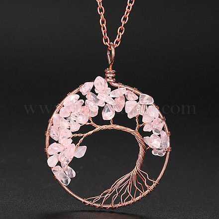 Natürliche Rosenquarzsplitter-Baum-des-Leben-Anhänger-Halsketten WG16286-08-1