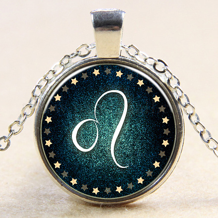 Leo constellation / signe du zodiaque plat rond pendentif en verre colliers NJEW-N0051-022E-02-1