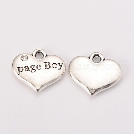 Wedding Theme Antique Silver Tone Tibetan Style Heart with Page Boy Rhinestone Charms X-TIBEP-N005-14B-1