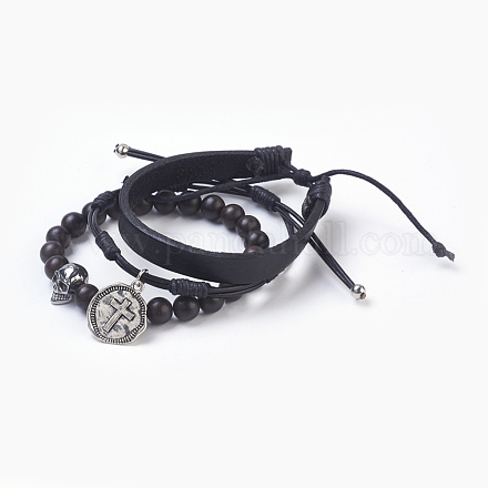 Natural Sandalwood Beads and Cowhide Leather Cord Bracelets Sets BJEW-JB03929-1
