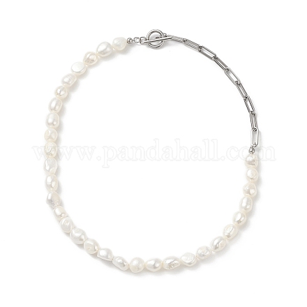 Natural Baroque Pearl Beaded Necklace with 304 Stainless Steel Paperclip Chains for Women NJEW-JN04108-1