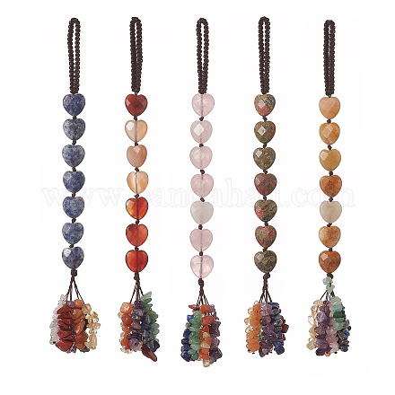 ハートの天然石とミックスストーンチップのタッセルペンダント装飾  ナイロン糸の吊り飾り  215~220mm HJEW-JM00948-1