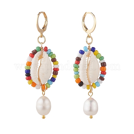 Natural Shell and Pearl Wrapped Dangle Hoop Earrings EJEW-TA00049-1