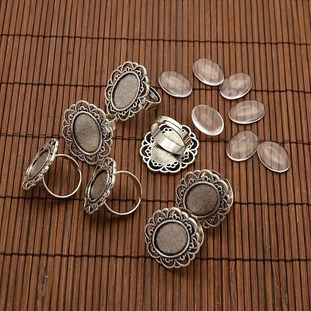 Cabochons di vetro trasparenti e fiori ferro componenti anello di barretta ovale impostazioni lunetta lega cabochon 13x18 mm per diy DIY-X0197-AS-1
