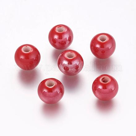 Perles nacrées à la main rouge rondes en porcelaine X-PORC-D001-10mm-15-1