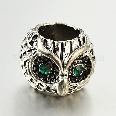 Rondelle with Owl Antique Silver Zinc Alloy Rhinestone European Large Hole Beads MPDL-M014-06-1