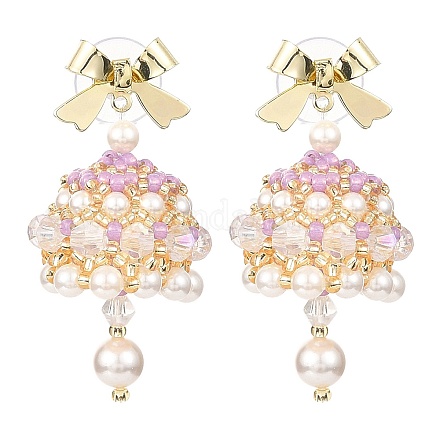Naturla Shell Pearl Bell with Alloy Bowknot Dangle Stud Earrings EJEW-MZ00089-1