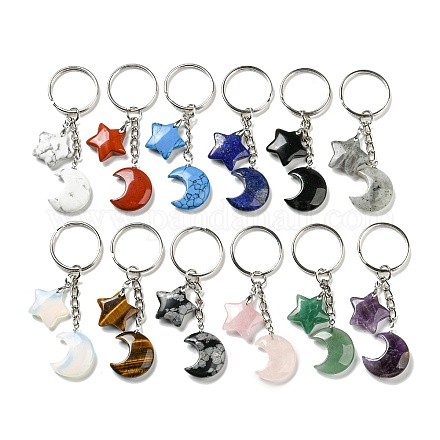 Reiki Natural & Synthetic Mixed Gemstone Moon & Star Pendant Keychains KEYC-P015-02P-1