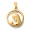 Glass Pendants, with 304 Stainless Steel Findings, Flat Round with Virgin Mary, PVD Vacuum Plating, Real 18K Gold Plated, 24.5x21x6mm, Hole: 6x3.5mm