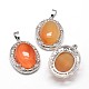 Oval Platinum Plated Brass Natural Red Agate Rhinestone Pendants G-F228-35H-RS-2
